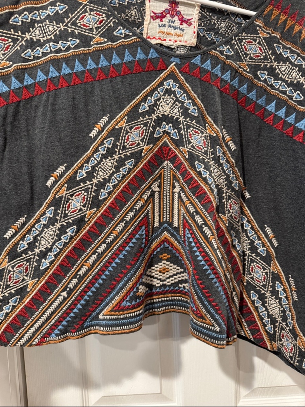 Johnny Was Short Sleeve Geometric Tribal Print Tee in Charcoal, Red, Blue, Gold - Picture 7 of 15